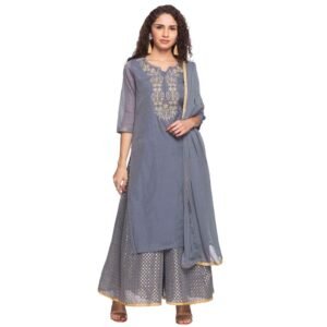 BIBA Womens Notched Neck Embroidered Kurta Skirt and Dupatta Set