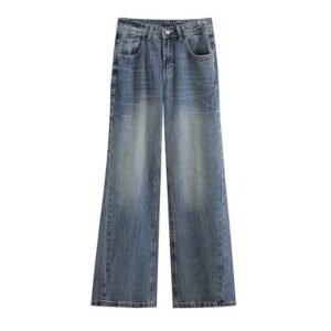 Women’s Blue Jeans | High Waist Straight-Leg Denim Pants | Retro Straight Jeans with Button Closure