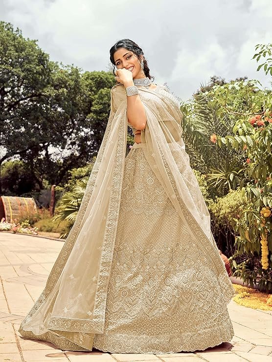 Beige Color Organza Fabric Dori And Zari Work Lehenga For Women - Image 2