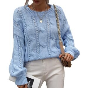 Crewneck Pullover Sweater, Long Sleeve Sweater Cable Knit Pure Color for Dating (S) Blue