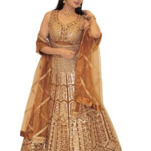 Designer Bridal Lehenga, Heavy Sequin Embroidered, Golden Brown Geometric Pattern with Dupatta
