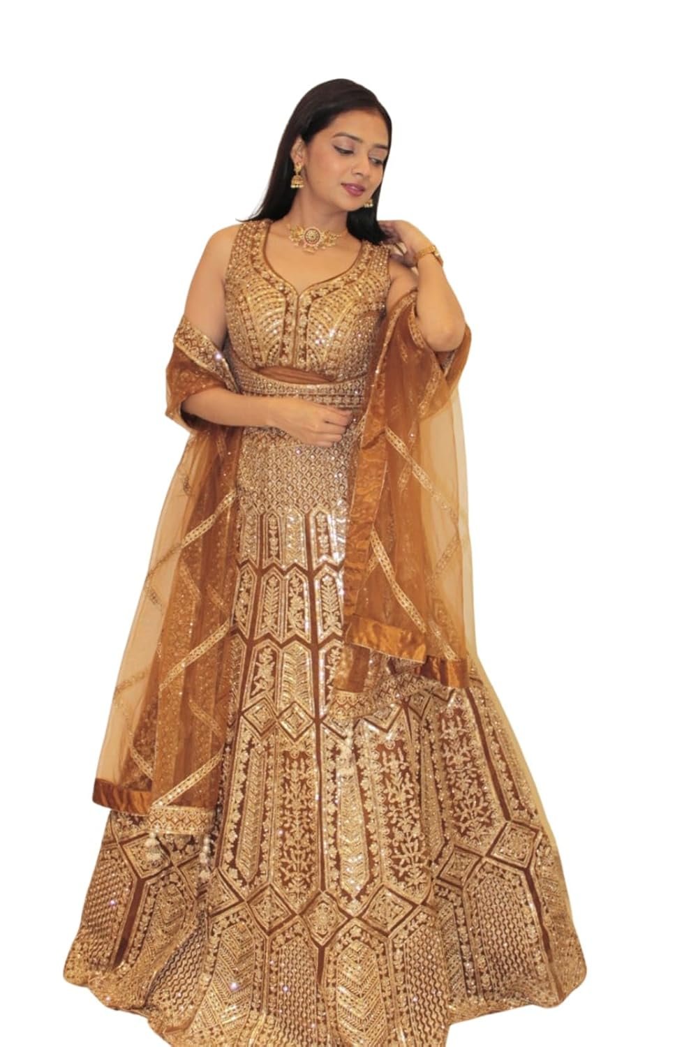 Designer Bridal Lehenga, Heavy Sequin Embroidered, Golden Brown Geometric Pattern with Dupatta
