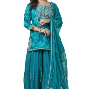 Womens Teal Chinon Blend Floral Print Suit Set with Sequins