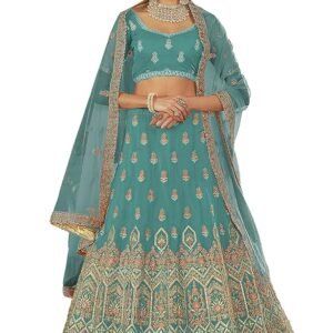 Turquoise Color Zarkan And Thread Work Organza Base Lehenga Choli For Women