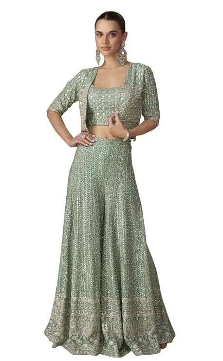 Mint Green Embroidered Lehenga Set with Mirror Work, Puff Sleeves Crop Top and Palazzo Pants (IN, Alpha, XL, Regular, Mint Green)