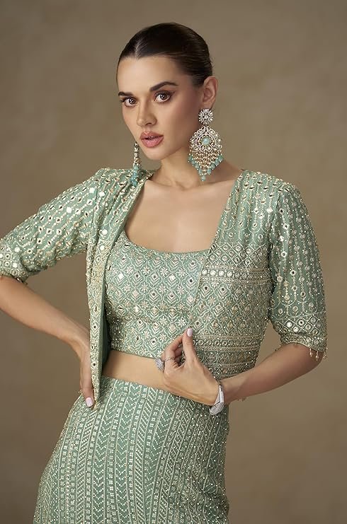 Mint Green Embroidered Lehenga Set with Mirror Work, Puff Sleeves Crop Top and Palazzo Pants (IN, Alpha, XL, Regular, Mint Green) - Image 2