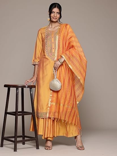 Yellow Meera Solid Kurta With Palazzo And Dupatta - Image 2