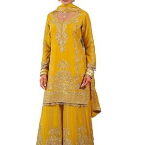 Women's Chinon Ethnic Motifs Embroidered Straight Kurta & Palazzo With Dupatta Set