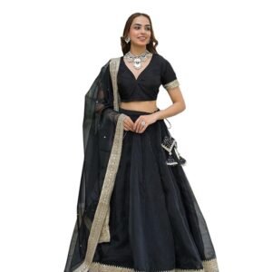 Black Solid Organza Lehenga with Choli and Dupatta