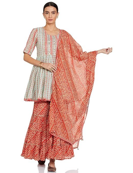 WOMEN PRINTED RELAXED SALWAR KURTA DUPATTA(SKDBANDHAN7873_AQUA