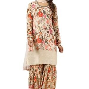 Womens Chinon Floral Print Suit Set With Mirror And Cutdana