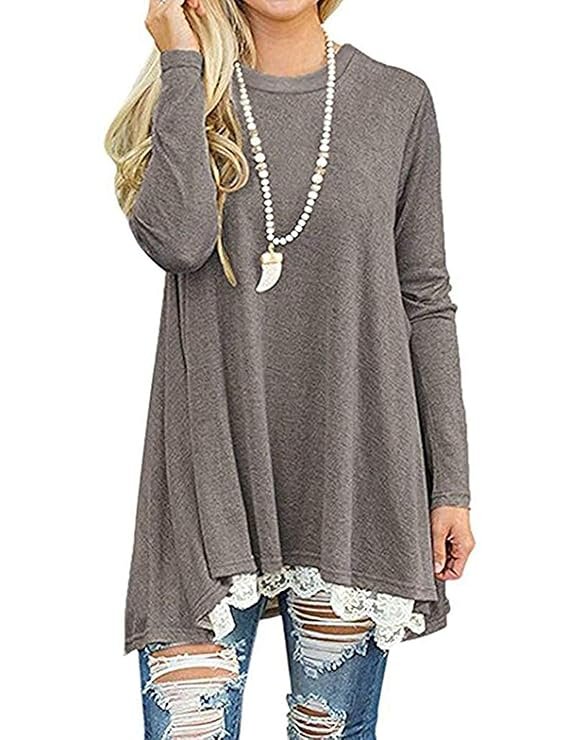 Women's Crew Neck Long Sleeve Lace Splicing Swing Shirt Dresses Long Tunic Blouses Shirts for Leggings (XL, Gray)