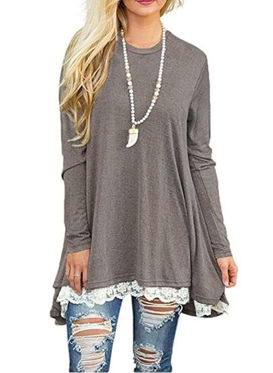 Women's Crew Neck Long Sleeve Lace Splicing Swing Shirt Dresses Long Tunic Blouses Shirts for Leggings (XL, Gray) - Image 2