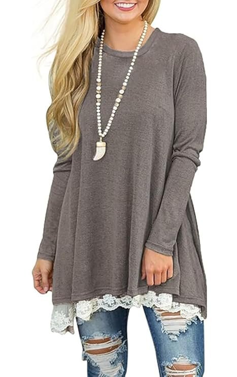 Women's Crew Neck Long Sleeve Lace Splicing Swing Shirt Dresses Long Tunic Blouses Shirts for Leggings (XL, Gray) - Image 3