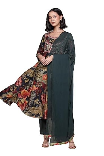 Green Flower Bloom Anarkali Kurta With Pant And Dupatta