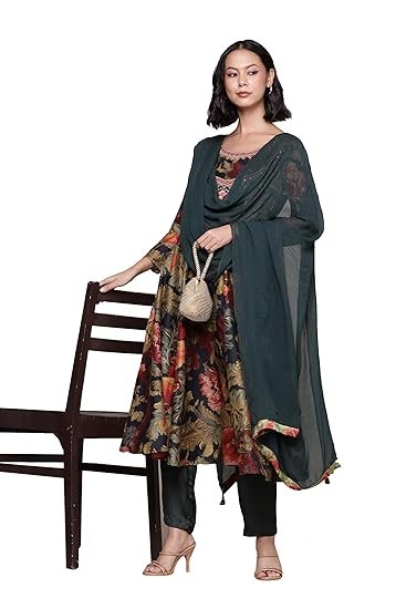 Green Flower Bloom Anarkali Kurta With Pant And Dupatta - Image 2