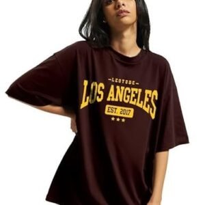 women's oversized cottonblend half sleeve drop shoulder printed tshirt (color brown)