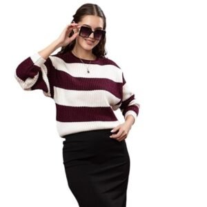 Women's wear lusso women’s 100% wool color block stripe full sleeve round neck pullover sweater | winter season fashion