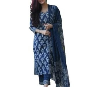 Women's pinkmint indigo printed kurta set for women ll kurta pant & dupatta suit set