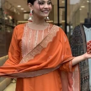 Women's nermosa women embroidery silk straight kurta and pant set with dupatta