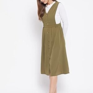 Women's winered women soild pinafore dress with button