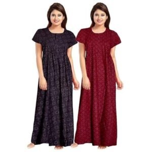 Women's yozly women's cotton printed gown ankle length nighty free size (pack of 2)
