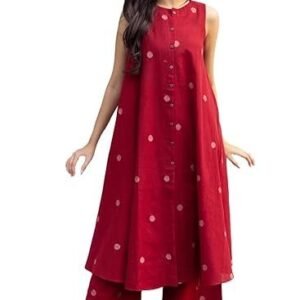 Women's designer women's cotton printed maroon hand-print kurta set|a-line kurta with palazzo|co-ord set|ethnic & stylish two piece