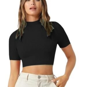 Women's dream beauty fashion women's high/turtle neck short sleeves stylish casual crop top, 17 inches