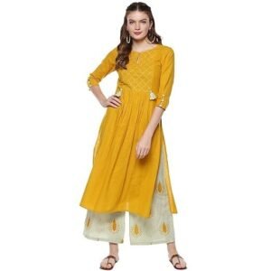 Women's idalia ethnic kurta set for women 3/4 sleeve, round neck cotton a-line solid kurta with palazzo pant set