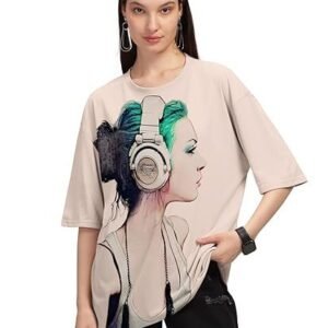 Women's beige trendy printed oversized t-shirt for women
