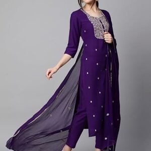 women's cotton blend embroidered straight kurta with pant & dupatta