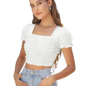women's solid | floral puff sleeve elastic crop top with square neckline ruched design lightweight stylish top for western casual everyday wear