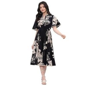 Women's women casual below the knee cotton flared printed dress