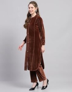 Women's carlo womens self design round neck wool blend kurti set blue