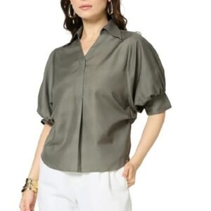 women's regular fit abstract print v-neck top | gathered sleeves | casual & semi-formal wear | stylish tunic for office, brunch