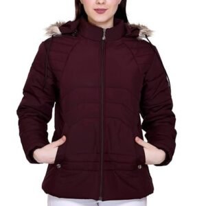 Women's winter puffer jacket with faux fur hood, quilted, full zip, burgundy