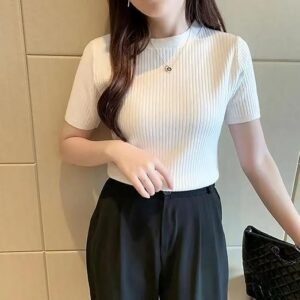 Women's istyle can slim fit plain stretchable round neck rib knit short sleeve regular top for women | t shirt | tee