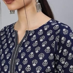 Women's artsy fashion women's cotton slub round neck 3/4 sleeves printed designer stylish kurti for ladies