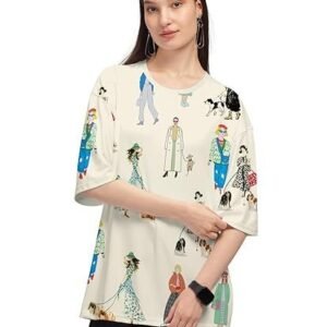 Women's beige trendy printed oversized t-shirt for women