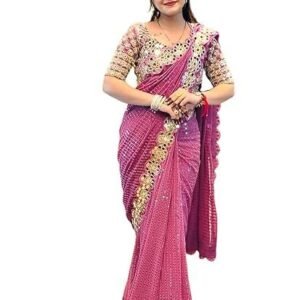 women's georgette sequence embroidery mirror work saree with unstitched blouse piece