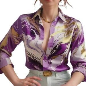 Women's indoprimo women's satin shirt with long sleeves western style spread collar neck relaxed fit abstact printed pattern and standard length