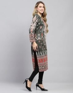 Women's carlo womens self design round neck wool blend kurti camel