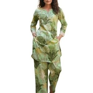 Women's nainvish women's cotton blend green printed v-neck co-ord set | daily & casual wear