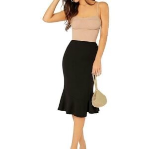 Women's addyvero high rise elastic cotton blend solid flared pencil fit knee-length women skirt