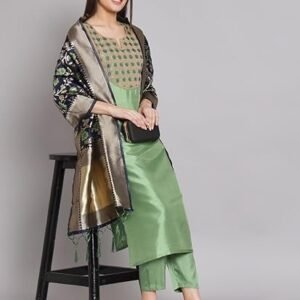 Women's vredevogel women's cotton silk blend kurta pant set with banarasi silk dupatta
