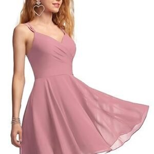 Women's istyle can solid a-line v-neck chiffon homecoming & prom party dress – short ruffle mini cocktail dress with spaghetti straps, back zip and lining