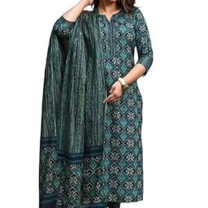 Women's printed cotton blend straight kurta pant dupatta set-stylish ethnic wear for women
