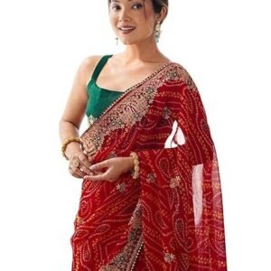 women's georgette bandhani printed sequence embroidery lace saree with unstitched blouse piece