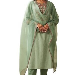 women's cotton blend embroidered straight kurta with pant & dupatta