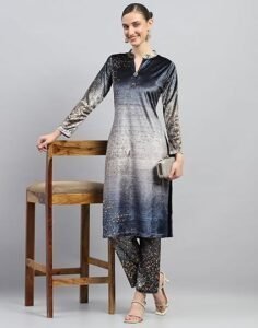 Women's carlo womens printed round neck wool blend kurti set blue